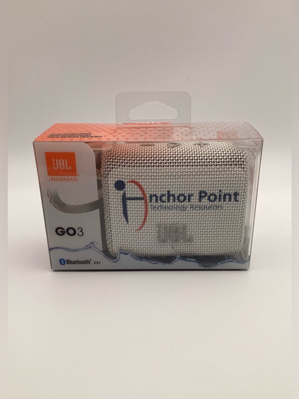 JBL GO 3 Portable Waterproof Bluetooth Speaker In White W/Anchor Point Logo